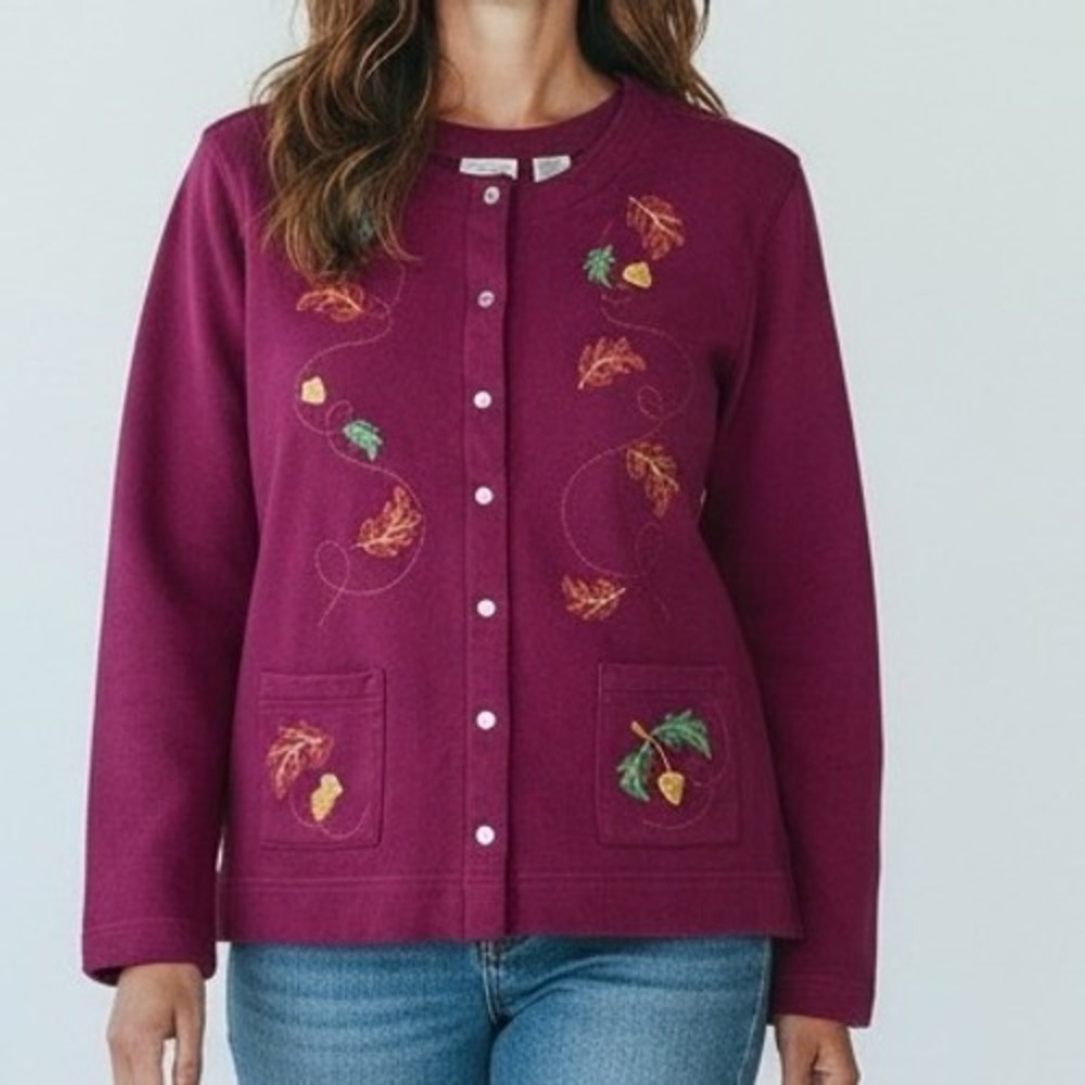 Vtg‎ Classic Elements Burgundy Fall Acorn Leaf Cardigan Sweatshirt Medium